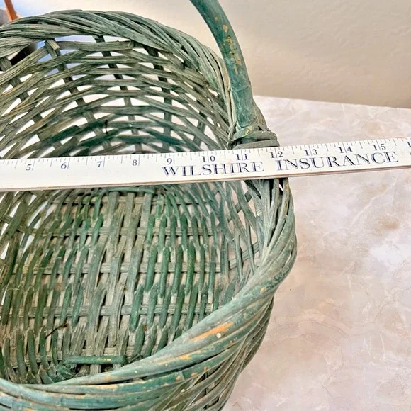 Antique Medium Woven-splint Basket Single Handle Distressed Blue Green Decor